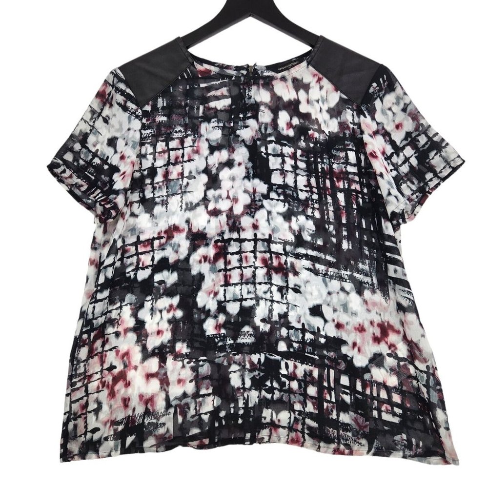 Banana Republic Blouse Womens Medium Black Floral Sheer Faux Leather Artsy Flowy